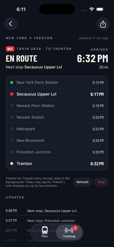 A tracked train en route: the stop list from New York Penn Station to Trenton with the next stop highlighted and the arrival estimate.